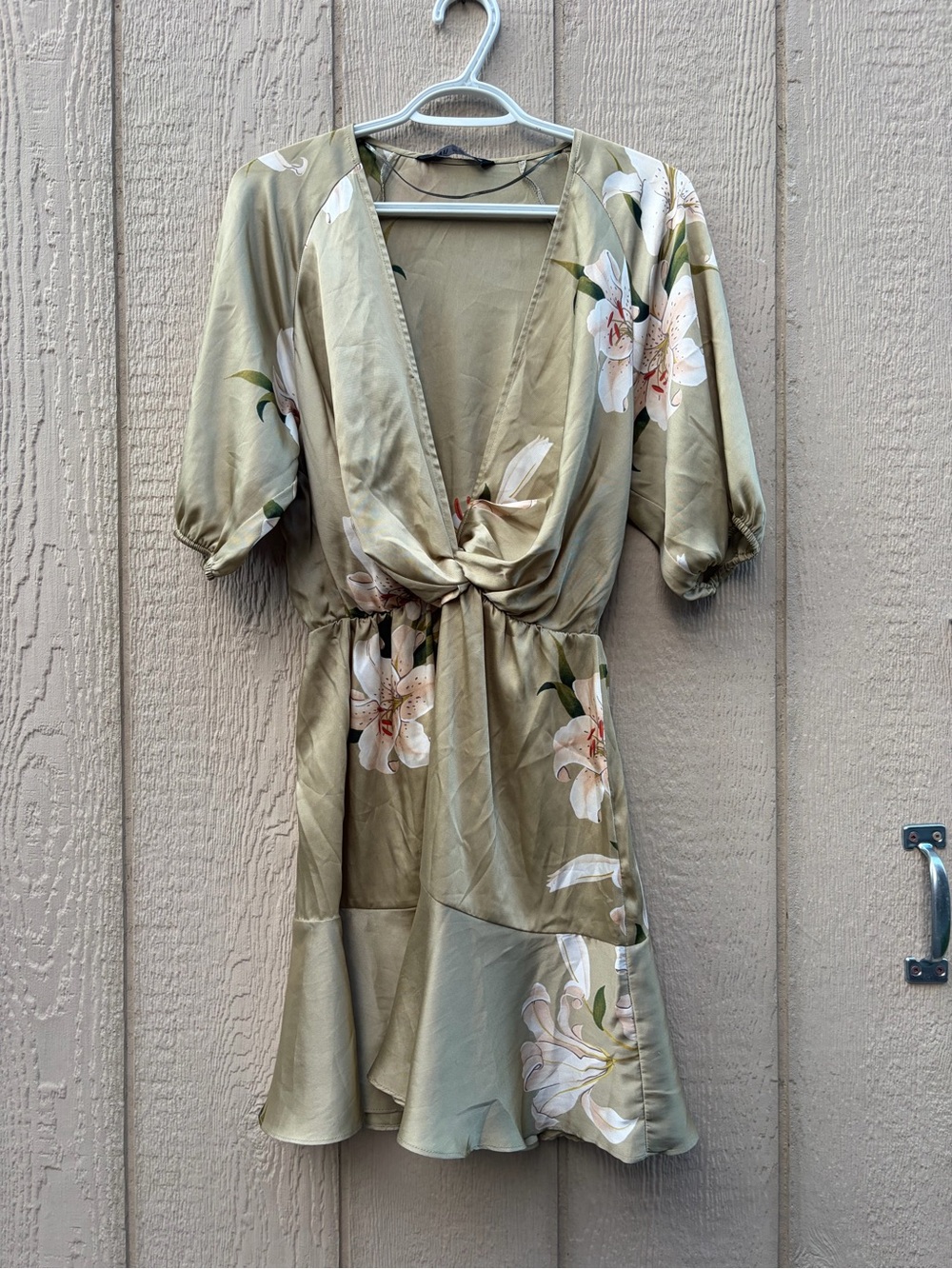 Zara Olive Green Floral Twist-Front Mini Dress